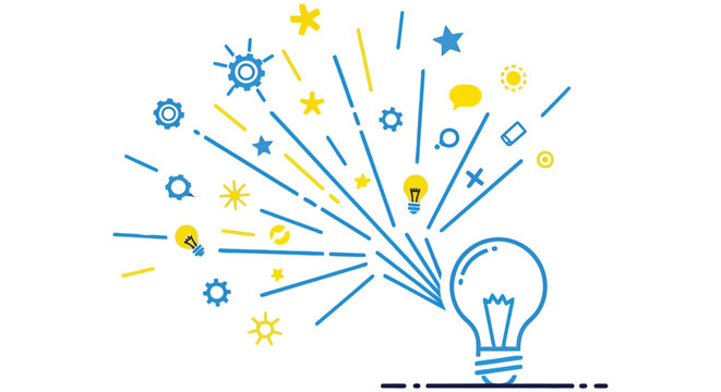 A bright idea exploding lightbulb with icons representing innovation