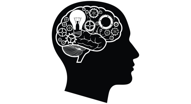 A human head silhouette containing a brain filled with ideas and mechanics