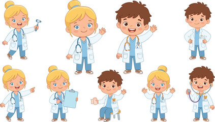 Fototapeta premium Cute Kids Doctor Character Vector Set Wearing Medical Scrubs and Lab Coat Holding Stethoscope Clipboard Reflex Hammer for Children Healthcare Graphic Designs