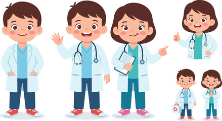 Fototapeta premium Cute Kids Doctor Character Vector Set Wearing Medical Scrubs and Lab Coats Holding Clipboard First Aid Kit for Children Healthcare Designs