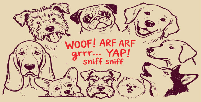 A charming hand-drawn illustration featuring a diverse group of adorable dogs with various expressions and breeds, surrounded by playful onomatopoeia.
