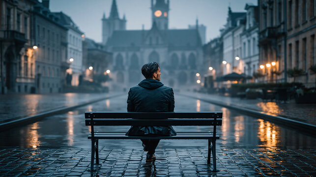 Solitary Contemplation on a Rainy Evening A lone individual sits on a park bench, gazing towards a grand building in the distance.