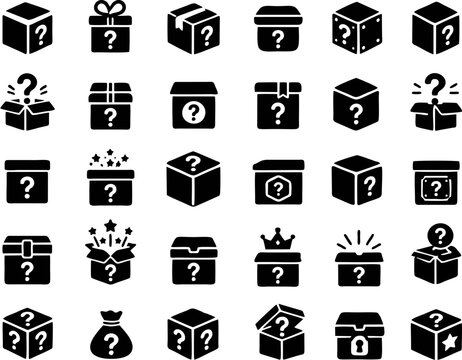 Collection of black mystery box flat icons featuring surprise boxes, loot crates, reward chests, gift packages, lucky boxes, and hidden prize symbols in minimalist silhouette style.