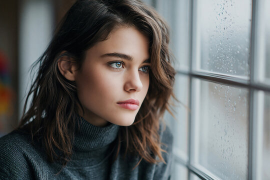 Window Gazer A contemplative young woman with striking blue eyes gazes out a rain-streaked window, her expression a mix of longing and quiet introspection.