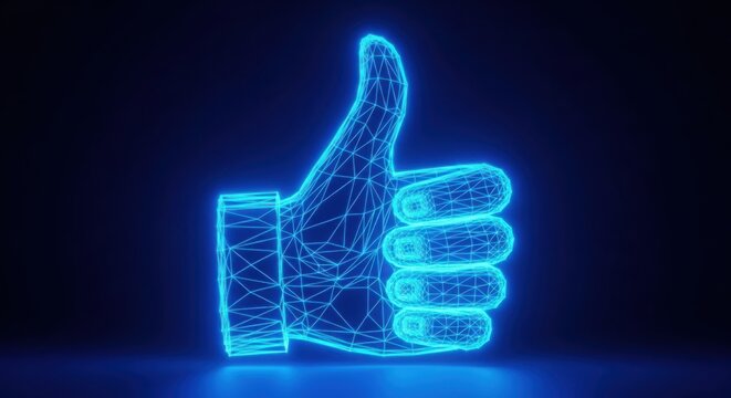 Glowing blue digital wireframe thumbs up hand icon illustration