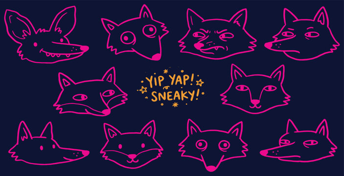 Collection of cartoon fox faces showing various emotions and expressions, with text 'Yip Yap! Sneaky!'.