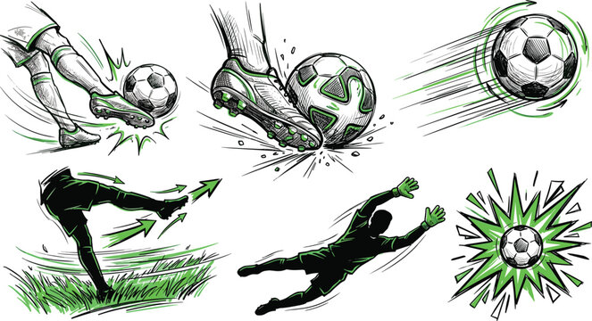 Dynamic Soccer Actions Vector Element Set with Player Kicking Ball Goalkeeper Diving and Flying Football in Sketch Graphic Style for Sports Designs