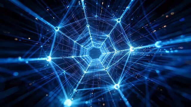 Abstract hexagonal network tunnel with blue glowing nodes and lines