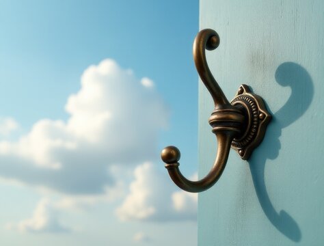 A metal hook attached to a blue wall with clouds in the background
