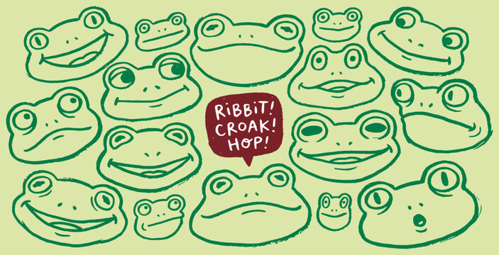 A delightful collection of cartoon frog faces with various expressions and sounds, set against a pale green background.