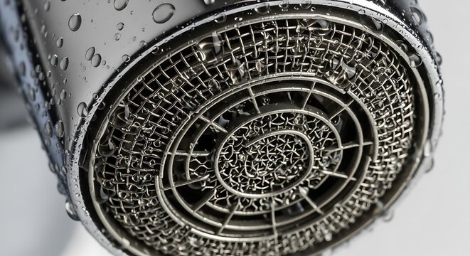Close up macro shot of a chrome faucet aerator with water droplets.