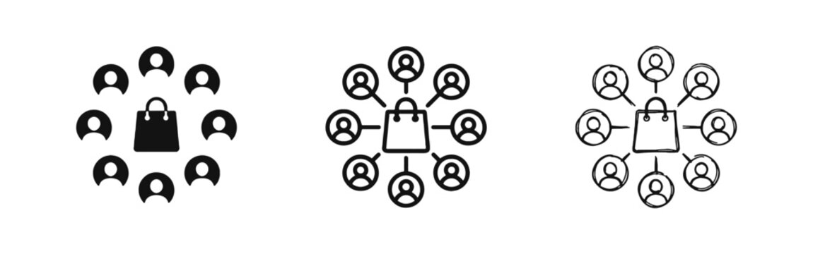 Social Commerce Icon Set, Shopping Bag with Connected People Network Illustration