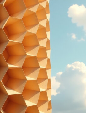 A futuristic building with hexagonal shape standing out against a bright blue sky, perfect for use in illustrations about architecture, design or innovation