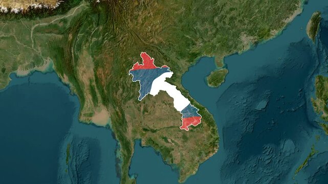 Satellite view animation showing the country of Laos highlighted with its flag colors