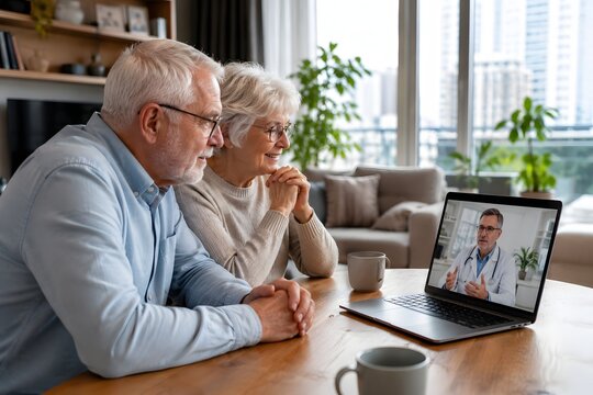 Realistic lifestyle scene of an elderly couple attending an online medical consultation from home using digital healthcare technology. Modern telemedicine and aging population concept.
