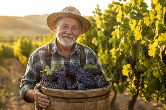 An elderly winegrower with a wooden basket full of purple grapes.