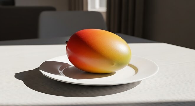 Fresh ripe mango fruit placed on white plate with modern dining setup
