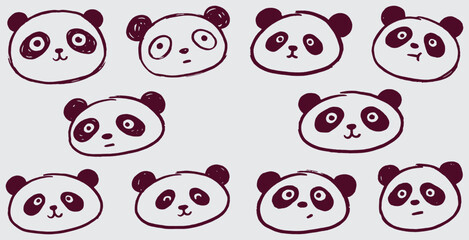 Collection of cute hand-drawn panda faces with various expressions, perfect for stickers or icons. © Riki