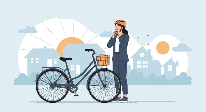 Woman wearing helmet with bicycle in suburban neighborhood at sunrise