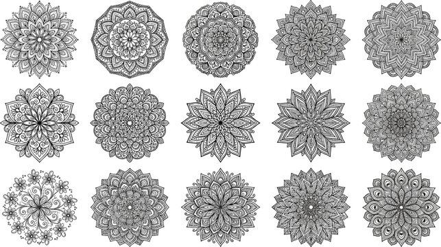 Intricate Black and White Mandala Circle Ornament Vector Set with Traditional Indian Henna Tattoo Motifs for Adult Coloring Books and Esoteric Designs