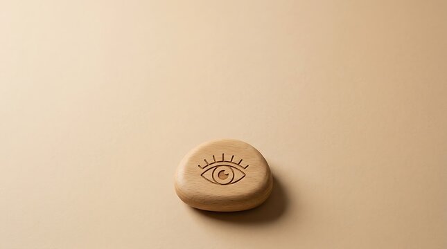 Smooth wooden pebble token engraved with human eye icon