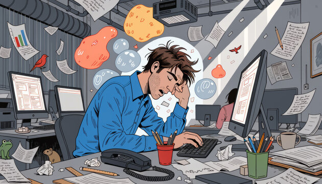 Overworked man tired office worker stressed employee exhausted worker busy workplace digital distraction paperwork chaos modern office fatigue