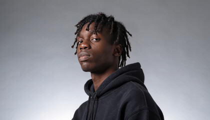 Fototapeta premium Young man portrait black hoodie studio lighting grey background moody expression casual style confident gaze modern hairstyle