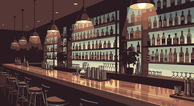 Stylish empty bar interior with liquor bottles and pendant lighting