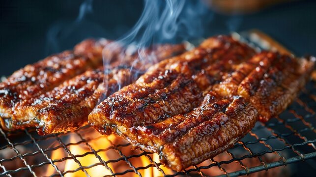 Delicious grilled unagi eel on a hot charcoal grill with rising smoke.