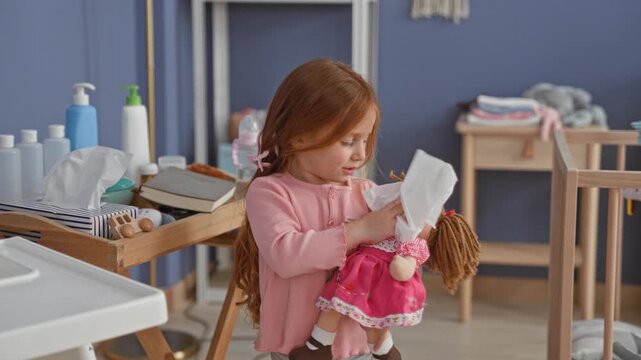 Little girl holds doll and wipes its face with a tissue beside a highchair and baby supplies in building; nurture play tenderness.