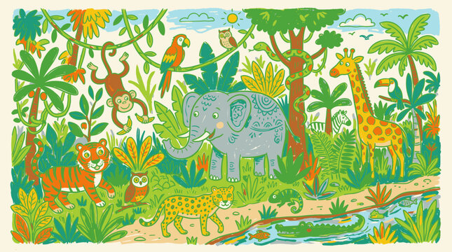 Colorful jungle landscape featuring elephant, giraffe, monkey and parrot.