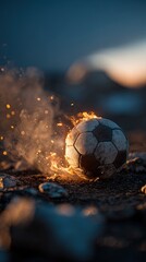 Naklejka premium Soccer ball surrounded by dynamic flames on a dark surface with gray smoke rising into a deep blue background in a high-resolution scene