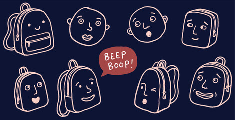Collection of cute cartoon backpacks with expressive faces and the text 'BEEP BOOP!'. © Riki