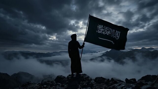 Silhouette of a man holding a flag on a mountain peak under a cloudy sky.