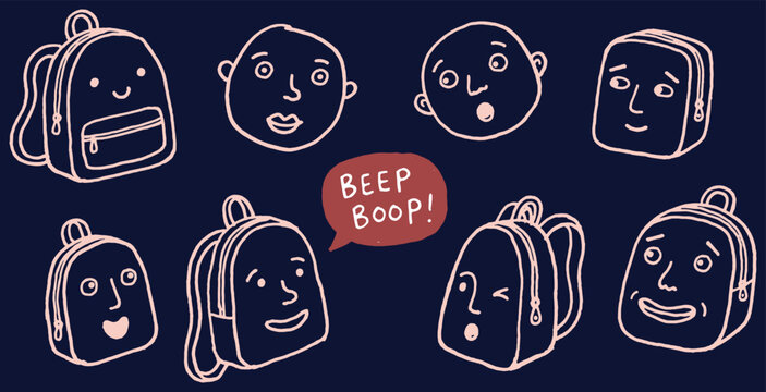 Collection of cute cartoon backpacks with expressive faces and the text 'BEEP BOOP!'.
