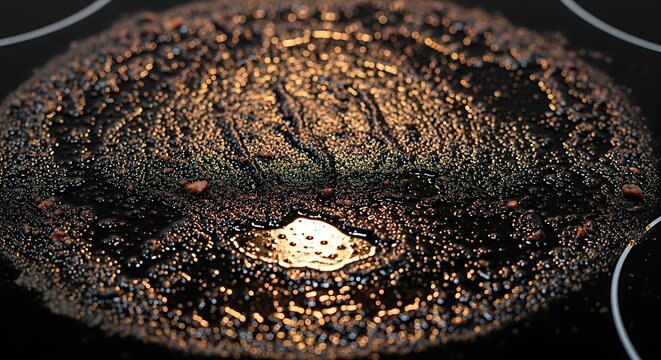 Close up of a burnt and charred round loaf of bread on a black stovetop.