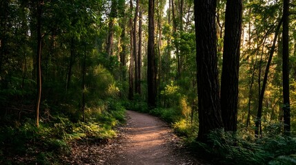 Fototapeta premium A tranquil forest pathway is illuminated by warm golden hour light filtering through the tall trees