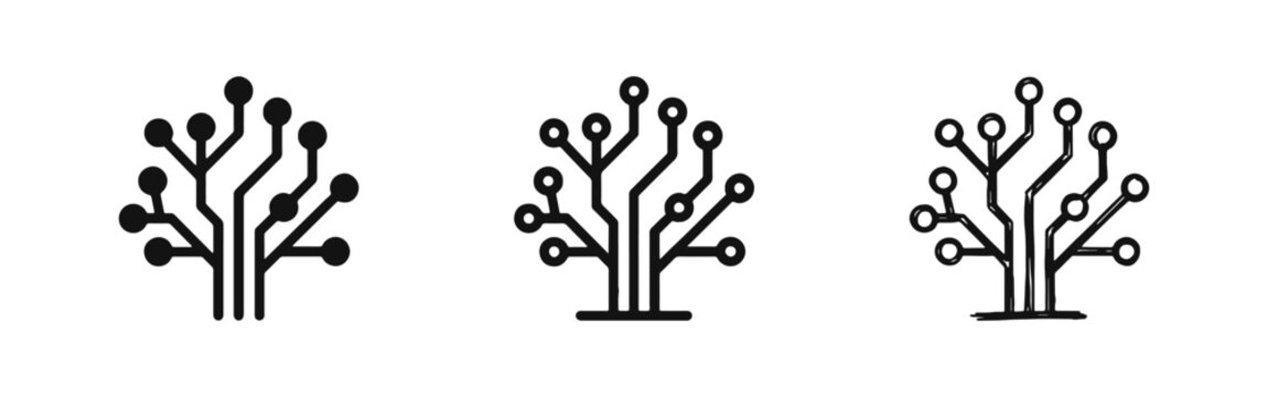 Digital Technology Tree and Circuit Board Innovation Icon Set in Three Styles