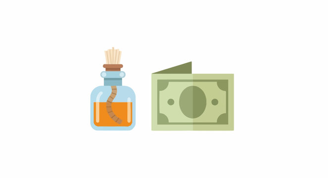 Illustration of potion bottle and folded cash money.