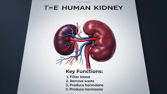 The human kidney anatomy illustration shows two bean-shaped organs with detailed blood vessels and key functions listed.