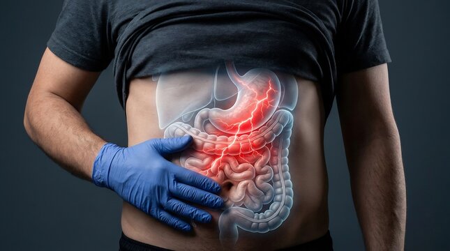 Medical visualization of human digestive system showing abdominal pain with red glowing inflammation and gloved hand examination