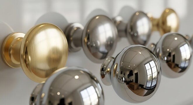 Selection of polished brass and chrome door knobs on display.