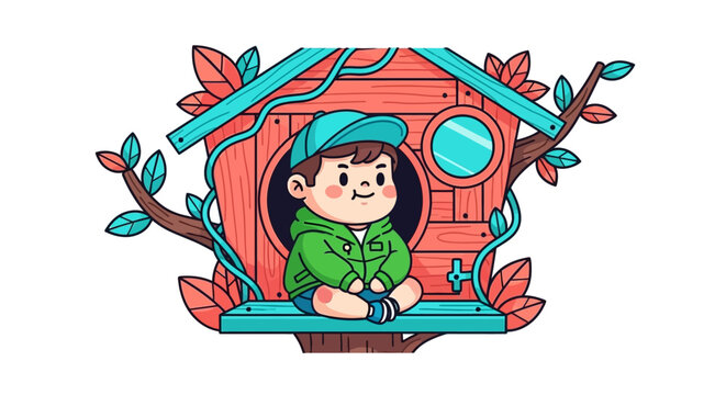 Cute Cartoon Character Sitting in Colorful Treehouse Window.