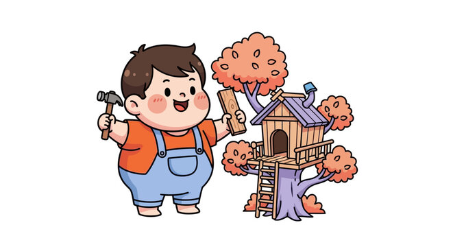 Happy Cartoon Boy Building Treehouse with Tools.