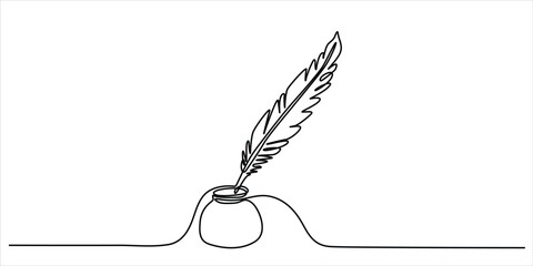 Quill and ink bottle line art vector illustration minimalist continuous drawing writing creativity and literature concept © Dosoroth Chandra