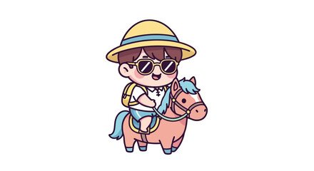 Obraz premium Cute Cartoon Boy Riding Colorful Unicorn Character Illustration.
