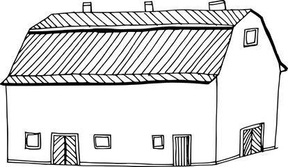 Long horizontal agricultural wooden barn warehouse building structure lineart sketch profile © Anada77