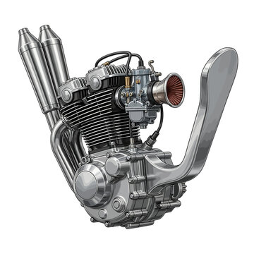 Detailed illustration of a classic motorcycle engine with dual exhaust pipes and carburetor