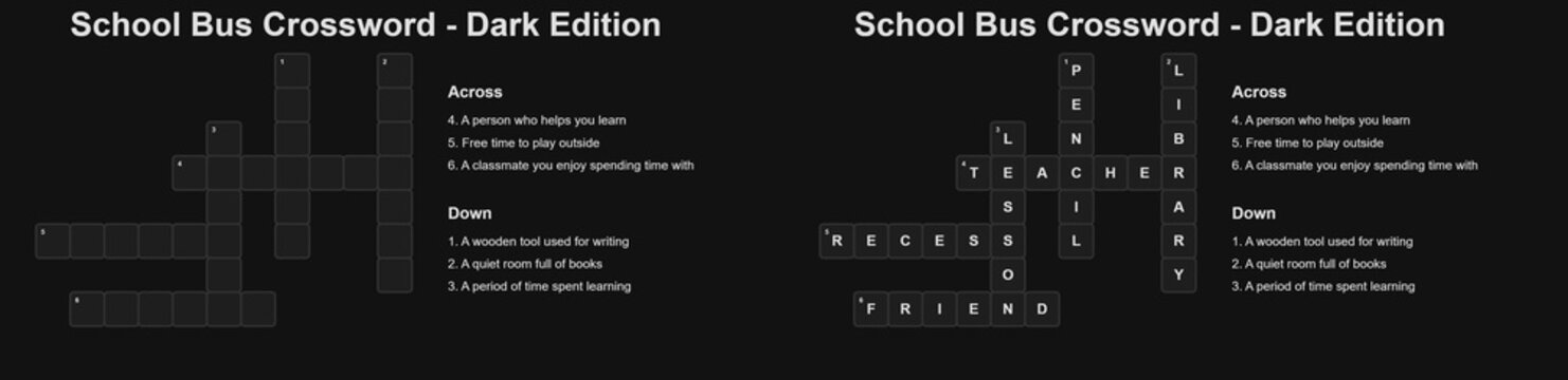 School Bus Crossword - Dark Edition Educational Worksheet Printable  