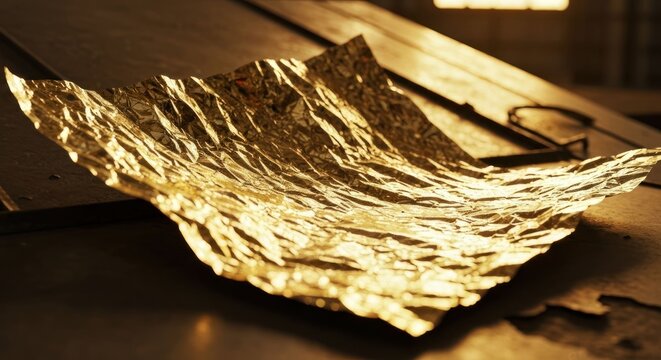 Wrinkled foil sheet reflects light on a textured surface